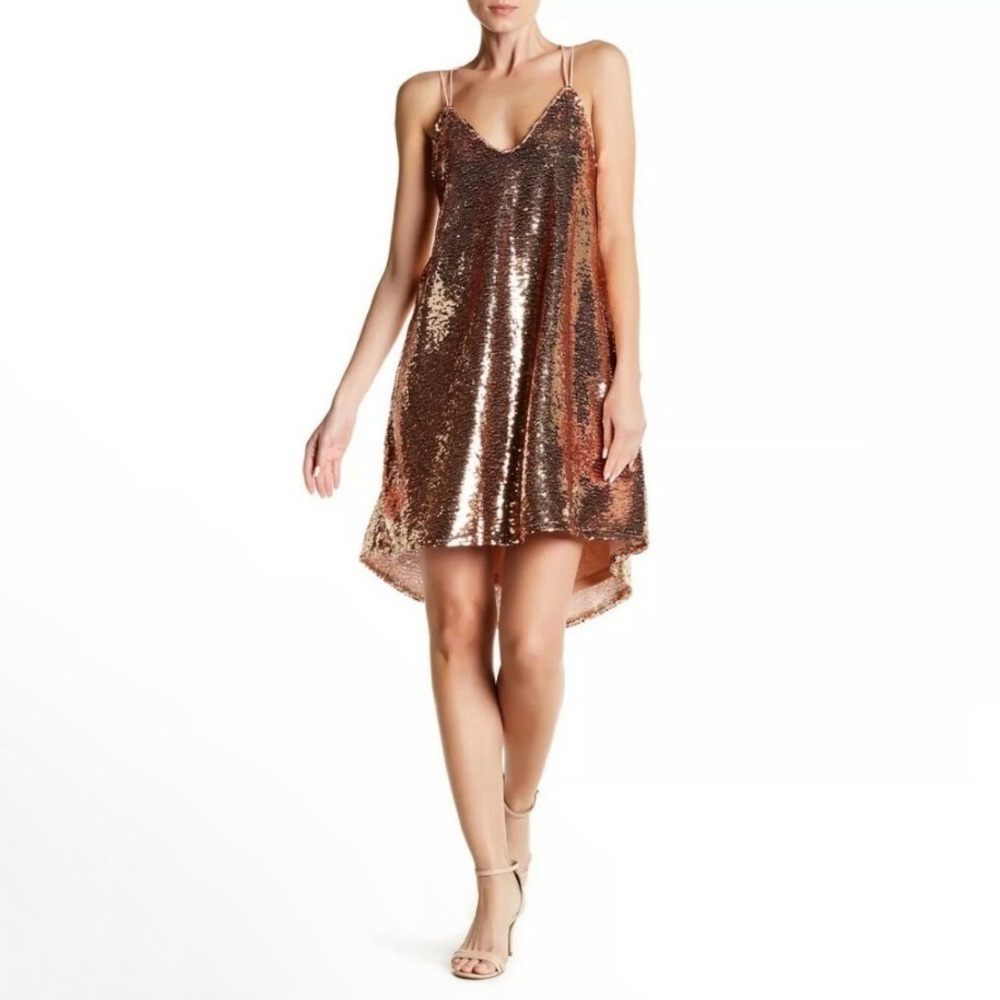NSR Strappy Sequin High Low Mini Party Dress Rose Gold Small